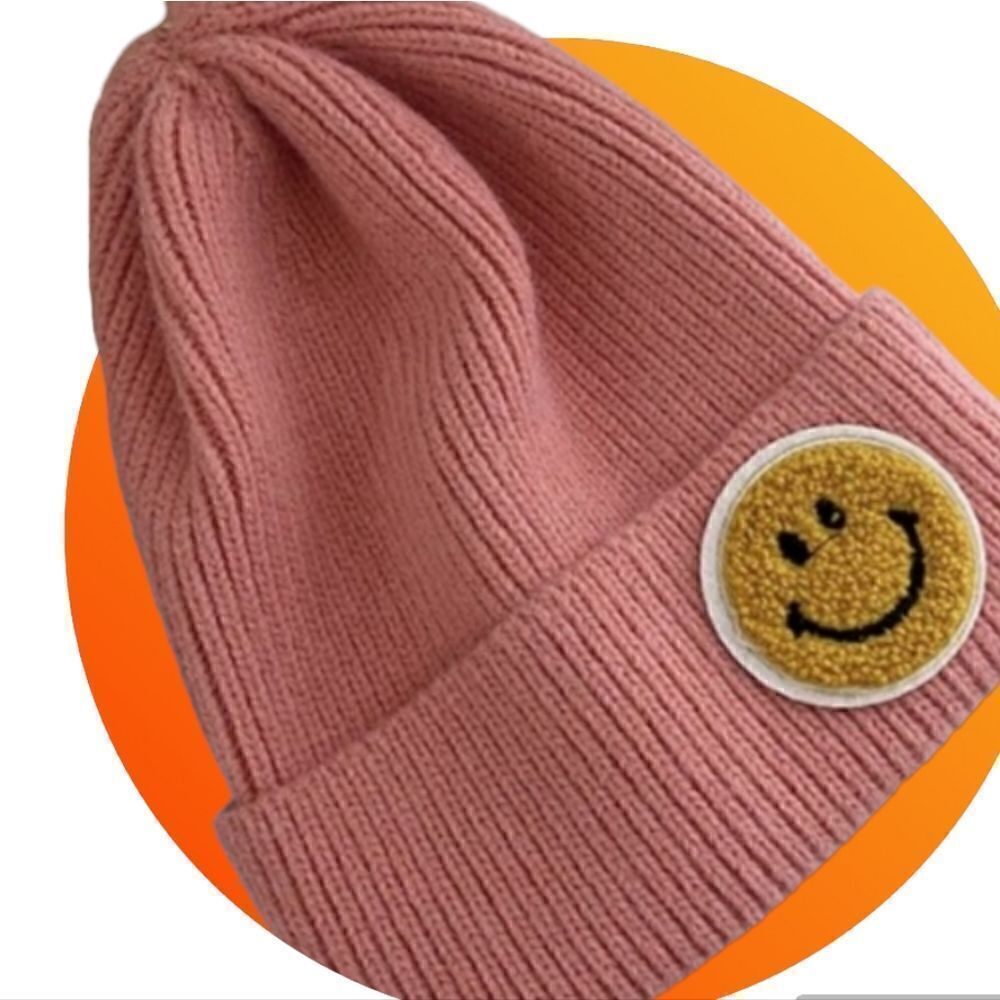 Knit ribbed smiley face hat beanie, pink